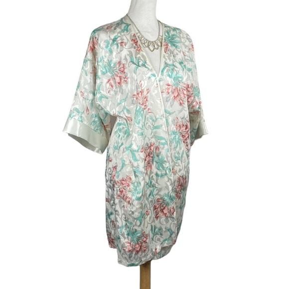 Vintage 80s Ivory Based Pastel Pink Teal Silver Floral Print Satin Wrap Robe - Picture 3 of 10